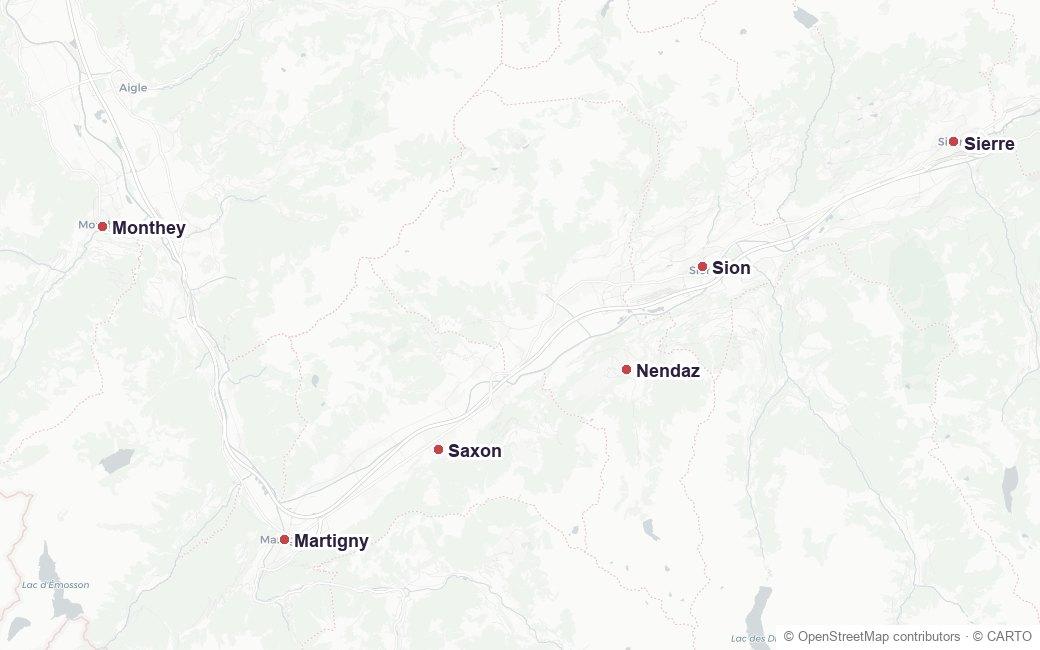 Carte de la zone d'intervention de GRD dans le Valais romand : de Monthey et Martigny à Sion et Sierre, en passant par Nendaz et Conthey