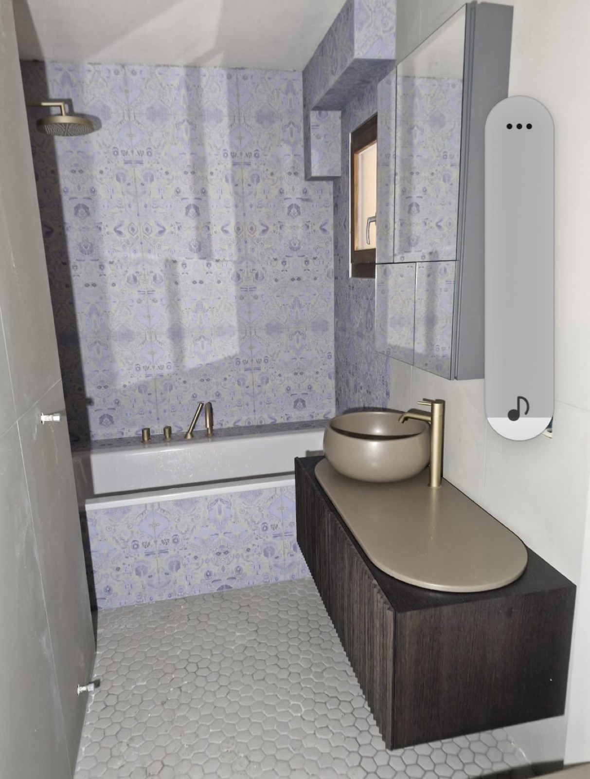 Salle de bain rénovée par GRD : baignoire, vasque posée et robinetterie couleur laiton