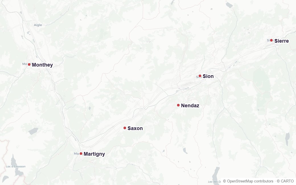 Carte de la zone d'intervention de GRD dans le Valais romand : de Monthey et Martigny à Sion et Sierre, en passant par Nendaz et Conthey